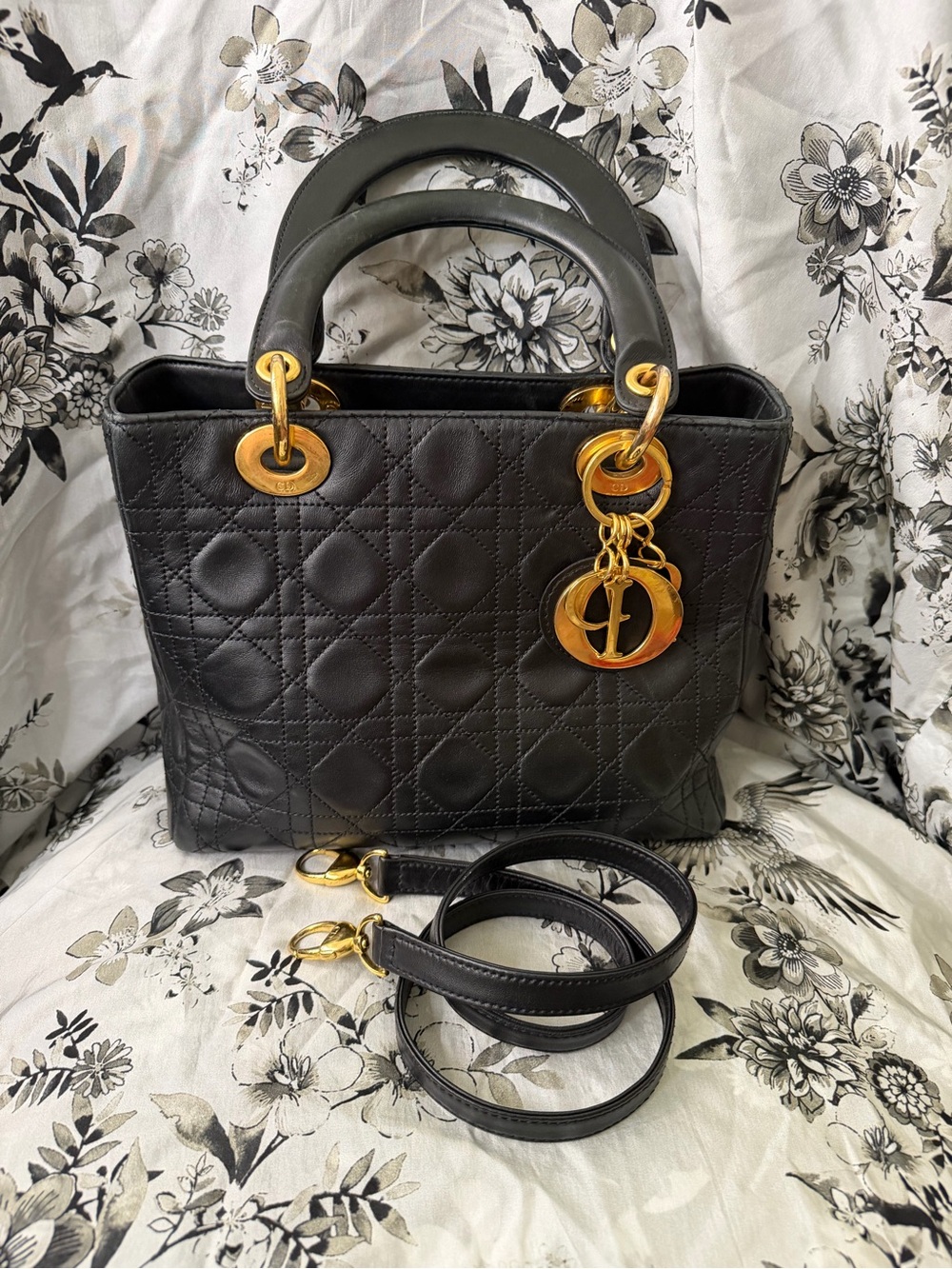 Lady Dior Black Quilted Leather Satchel with Gold Hardware